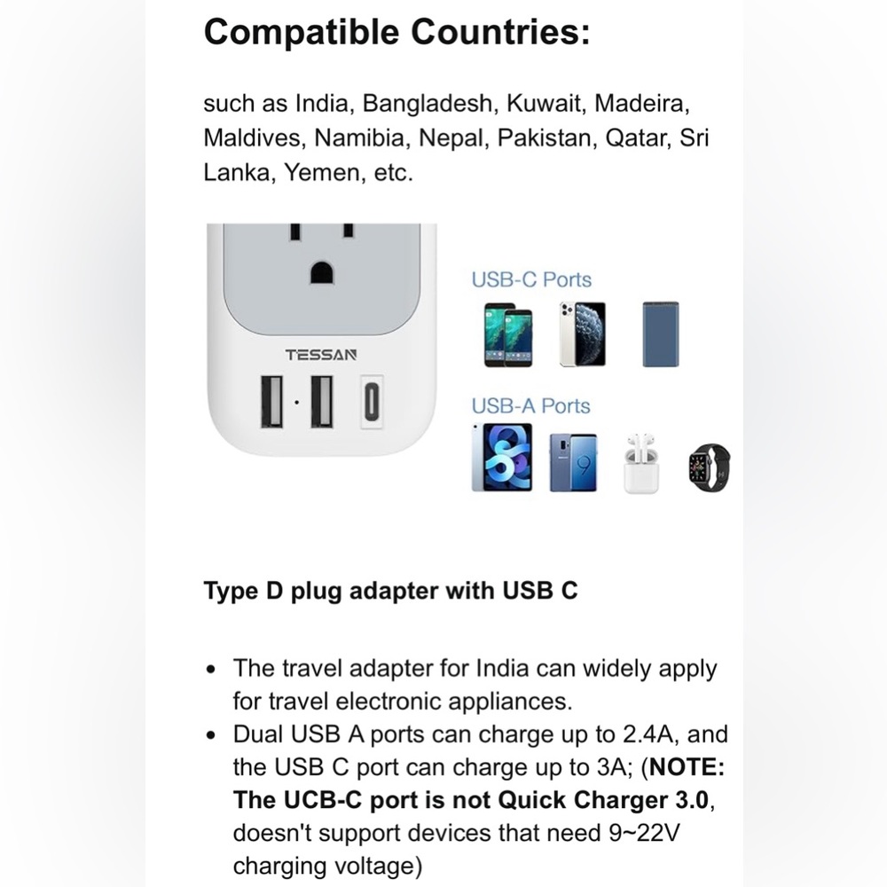 US to India Plug Adapter 2 Pack, TESSAN Adapter with 4 Outlets 3 USB Charger - Picture 9 of 13